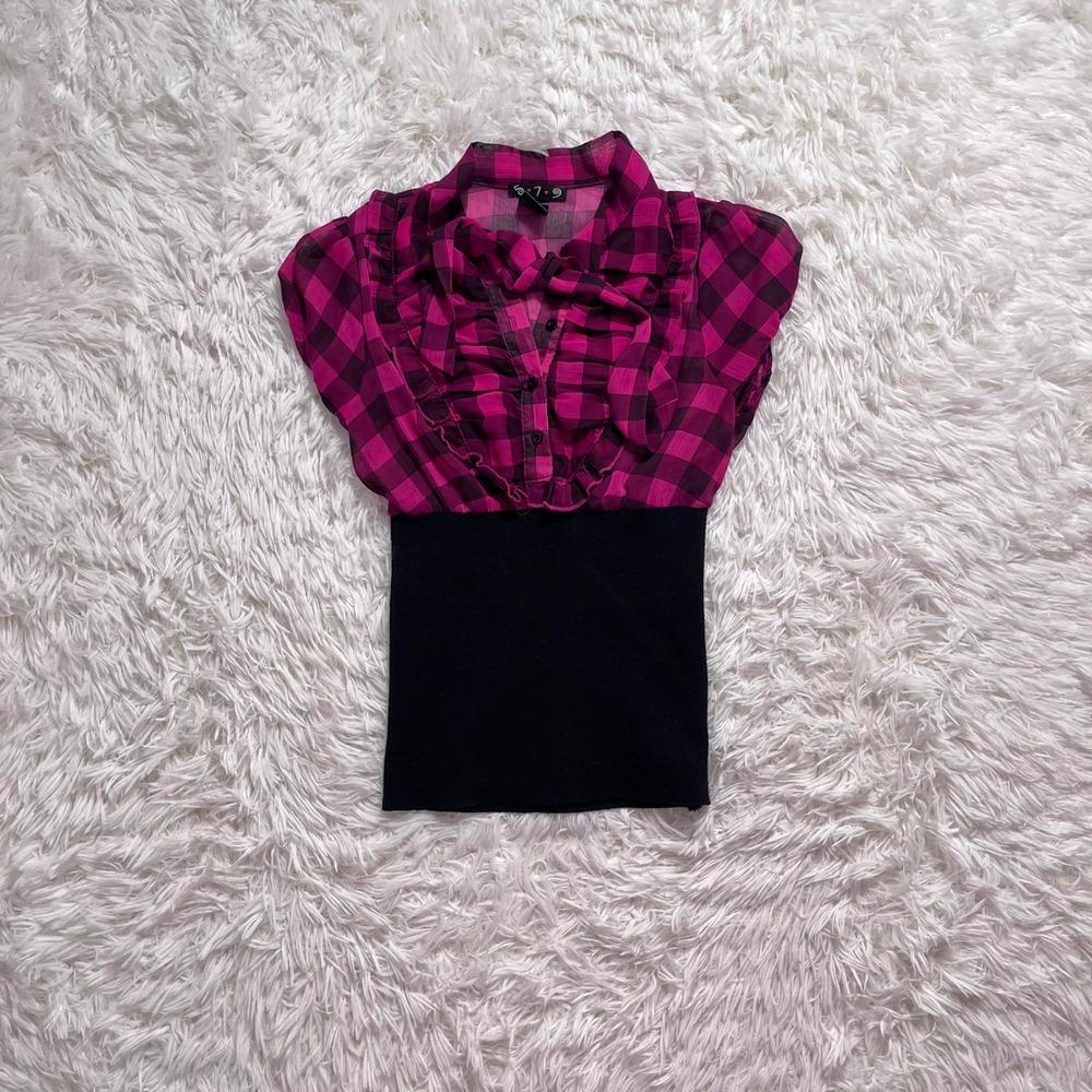 y2k hot pink & black plaid two tone knit top xs